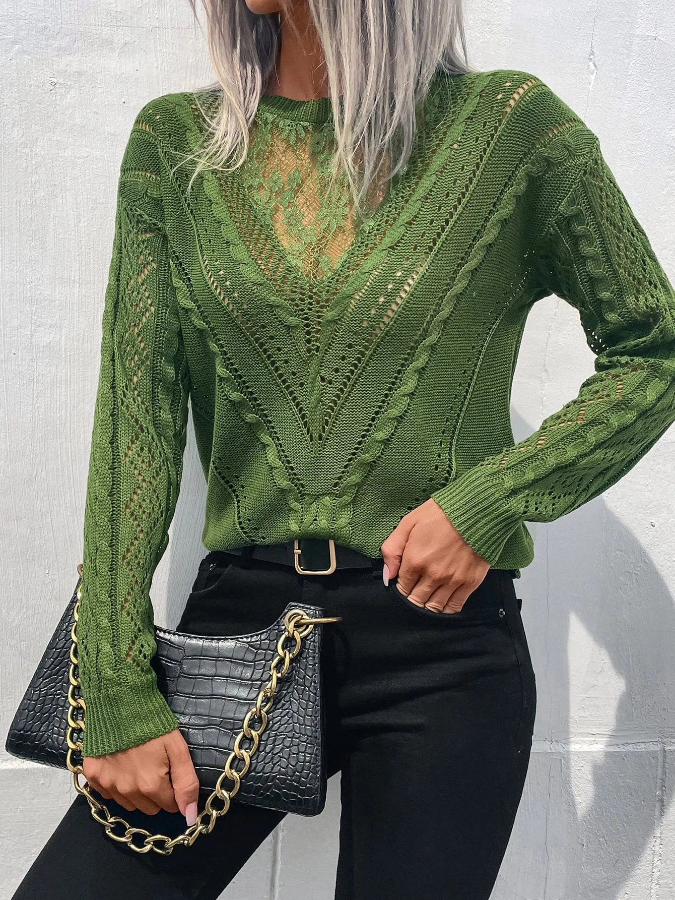 Frenchy Contrast Lace Drop Shoulder Sweater