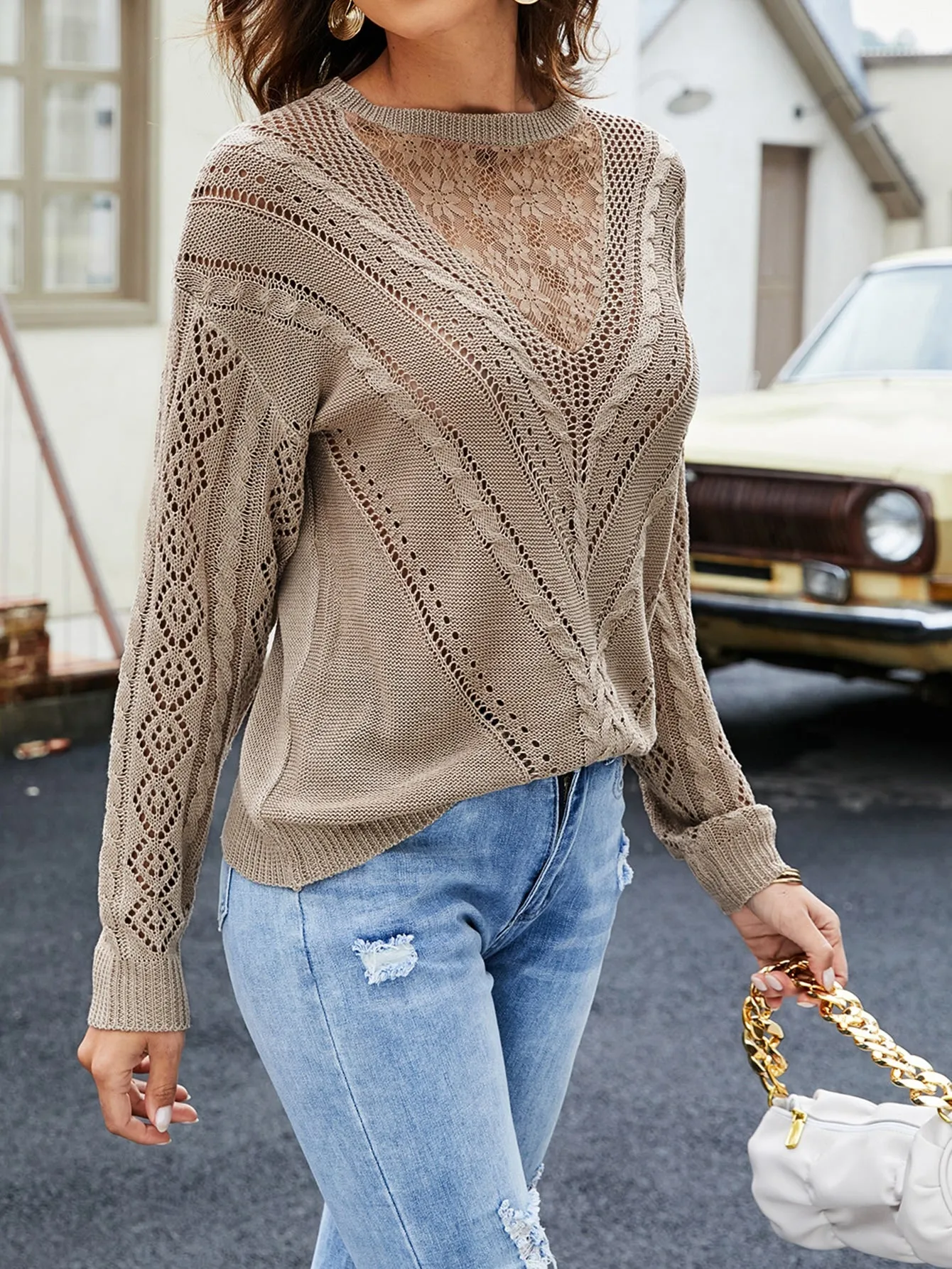 Frenchy Contrast Lace Drop Shoulder Sweater