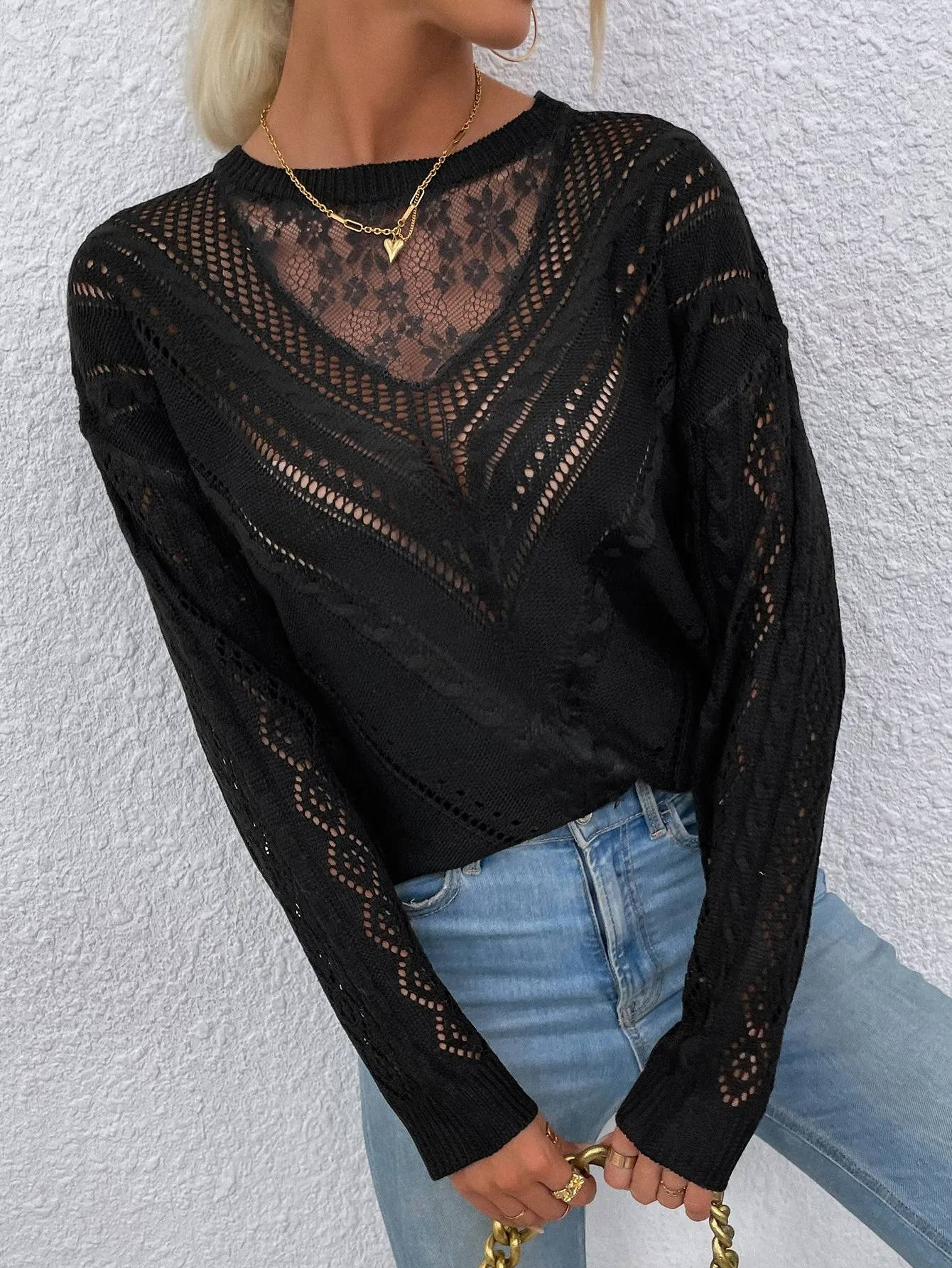 Frenchy Contrast Lace Drop Shoulder Sweater