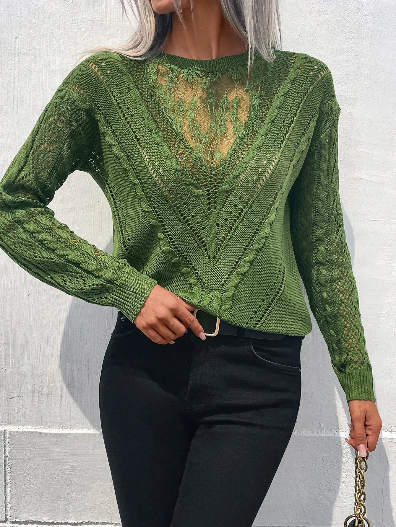 Frenchy Contrast Lace Drop Shoulder Sweater
