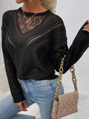 Frenchy Contrast Lace Drop Shoulder Sweater