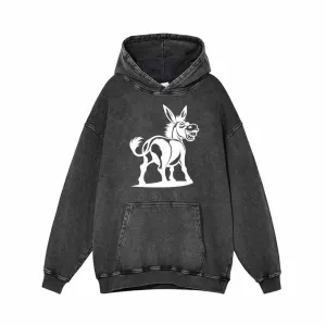 Funny Cartoon Donkey Pattern Vintage Washed Hoodie