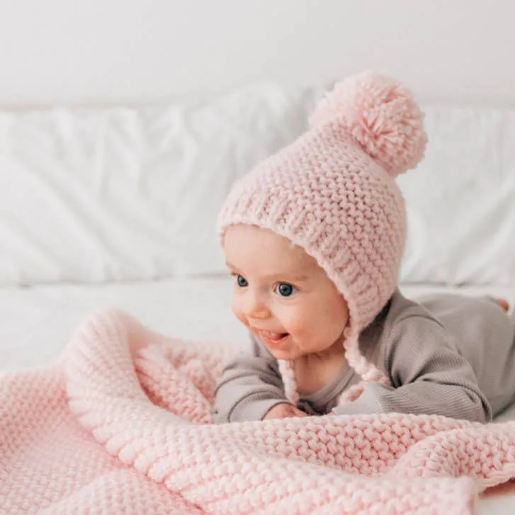 GARTER STITCH KNIT BABY BLANKET - BLUSH