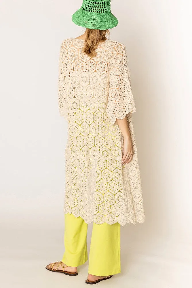 Geometric Pattern Crochet Long Cardigan - Ivory