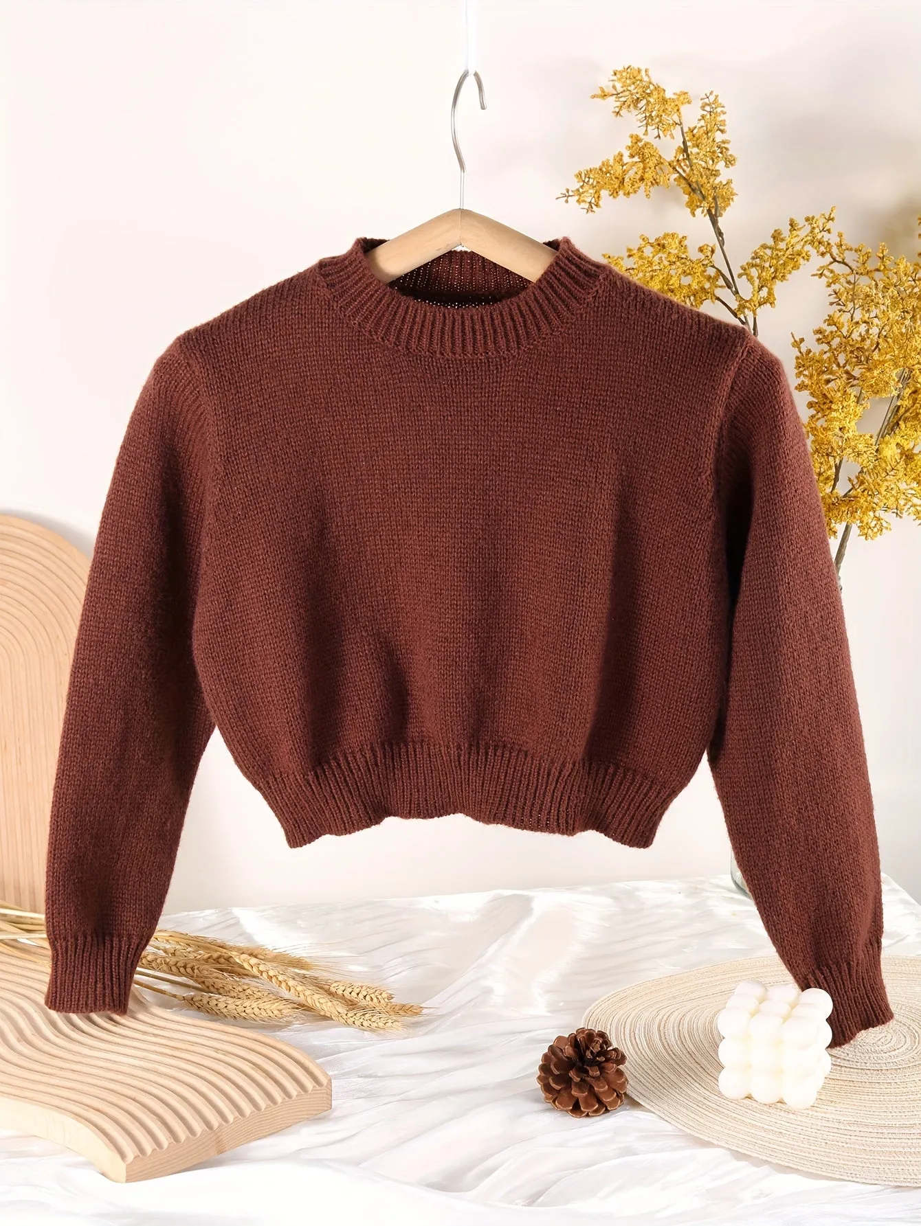 Girls Cozy Retro Knit Sweater - Soft Round Neck, Loose Fit, Versatile Short Pullover Top for Casual Daily Wear - Perfect for Fall and Winter Seasons