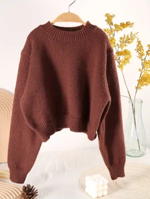 Girls Cozy Retro Knit Sweater - Soft Round Neck, Loose Fit, Versatile Short Pullover Top for Casual Daily Wear - Perfect for Fall and Winter Seasons