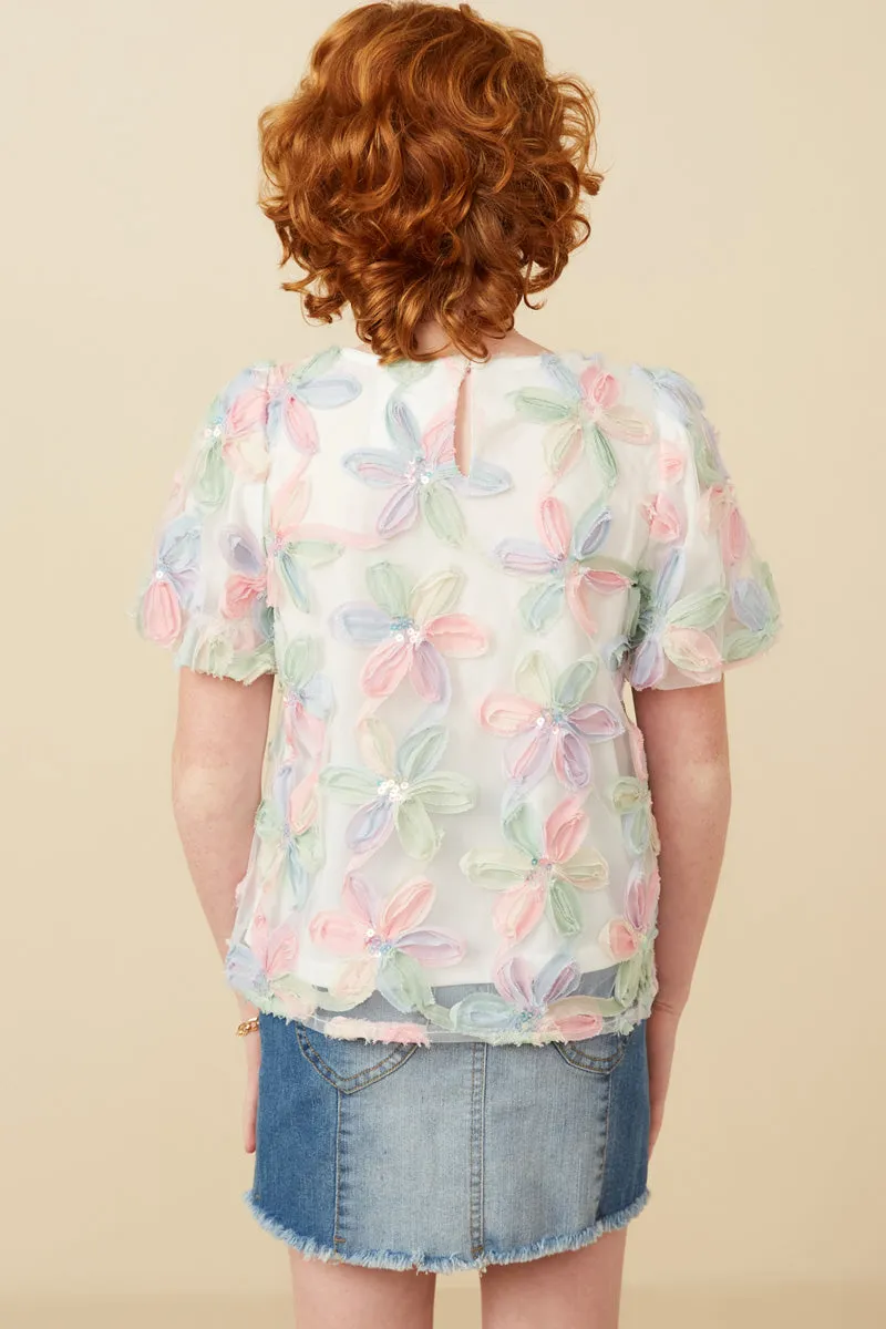 Girls Sequined Floral Applique Bubble Sleeve Top