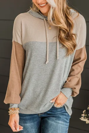 Gray Vintage Ribbed Knit Color Block Hoodie