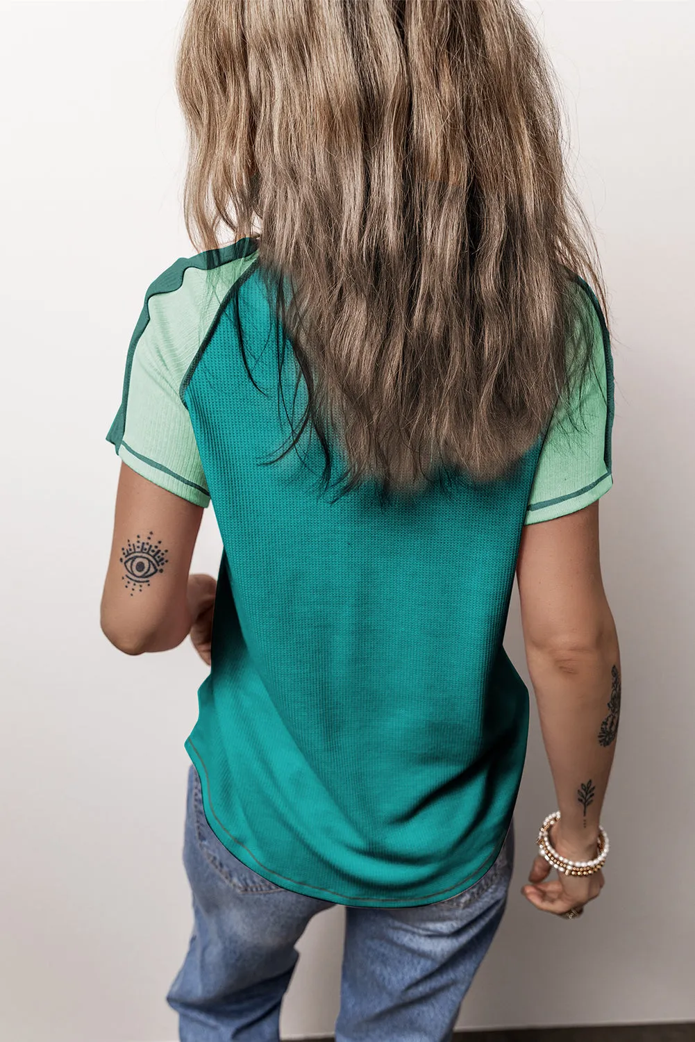 Green Exposed Seam Color Block Knitted V Neck T-shirt