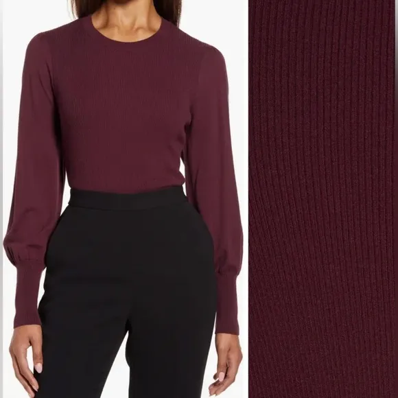 Halogen Sweaters Puff Sleeve Burgundy Stem Crewneck Sweater Size Large