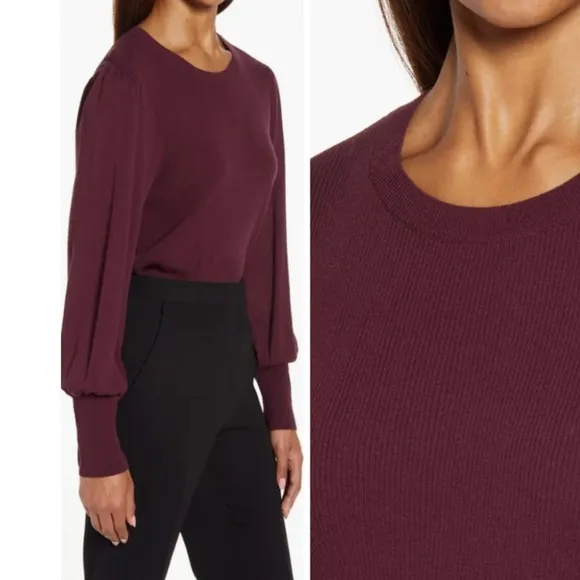 Halogen Sweaters Puff Sleeve Burgundy Stem Crewneck Sweater Size Large