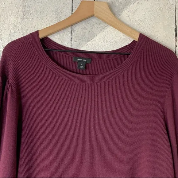 Halogen Sweaters Puff Sleeve Burgundy Stem Crewneck Sweater Size Large