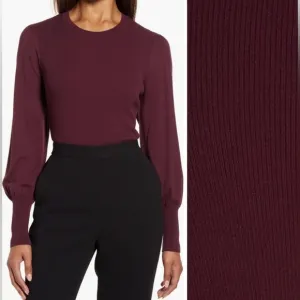 Halogen Sweaters Puff Sleeve Burgundy Stem Crewneck Sweater Size Large