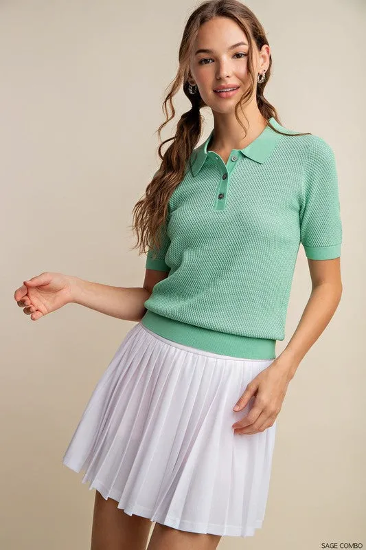 Hazel Blues® |  Soft Thermal Texture Two Colors Thread Polo Shirt Sweater in Sage
