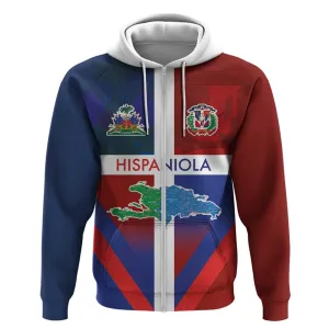 Hispaniola Zip Hoodie Haiti and Dominican Republic Emblems and Flag Style LT03