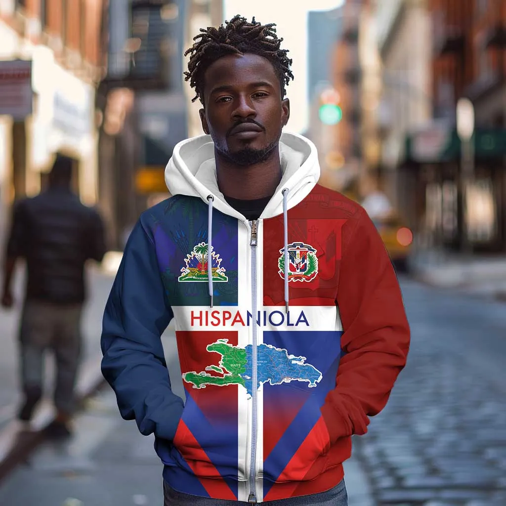 Hispaniola Zip Hoodie Haiti and Dominican Republic Emblems and Flag Style LT03
