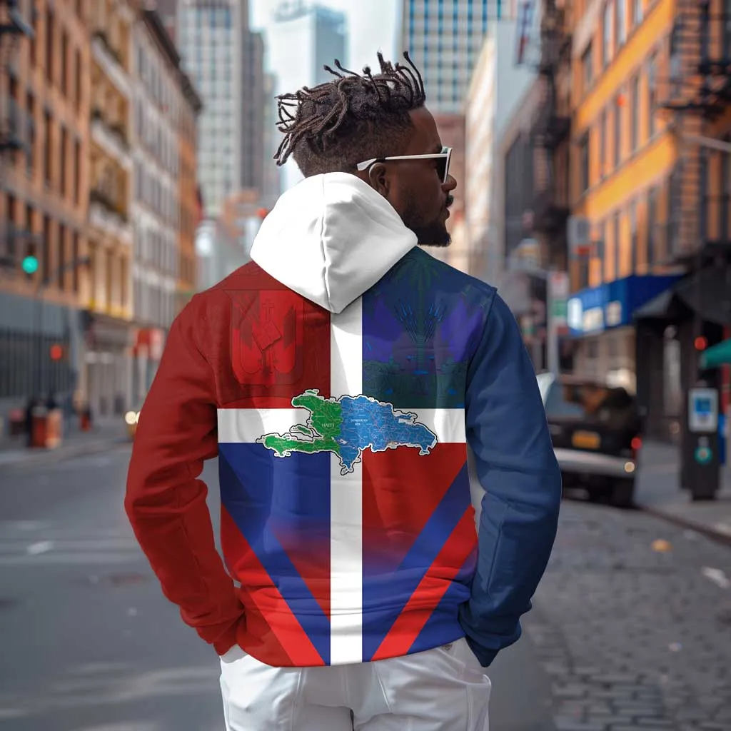 Hispaniola Zip Hoodie Haiti and Dominican Republic Emblems and Flag Style LT03