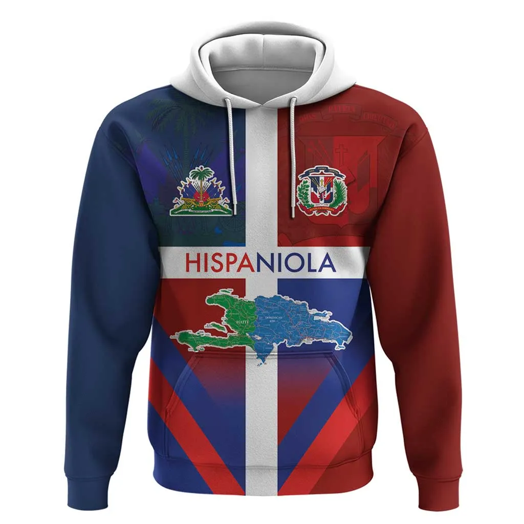 Hispaniola Zip Hoodie Haiti and Dominican Republic Emblems and Flag Style LT03