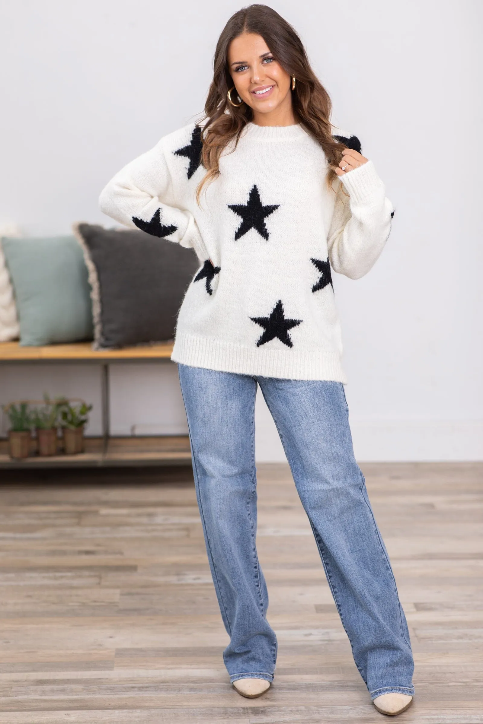 Ivory and Black Star Intarsia Sweater