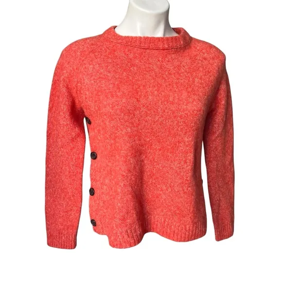 J. Crew Sweater Brushed 100% Lambswool Marled Red Cropped Side Buttons, Sz S