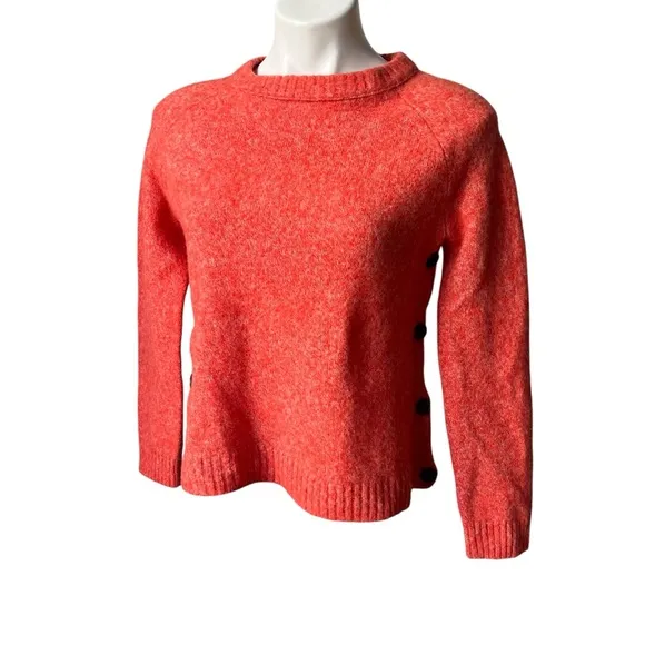 J. Crew Sweater Brushed 100% Lambswool Marled Red Cropped Side Buttons, Sz S