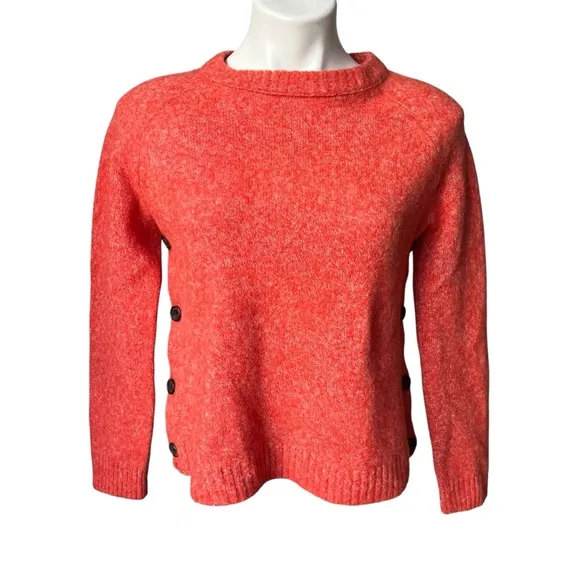 J. Crew Sweater Brushed 100% Lambswool Marled Red Cropped Side Buttons, Sz S