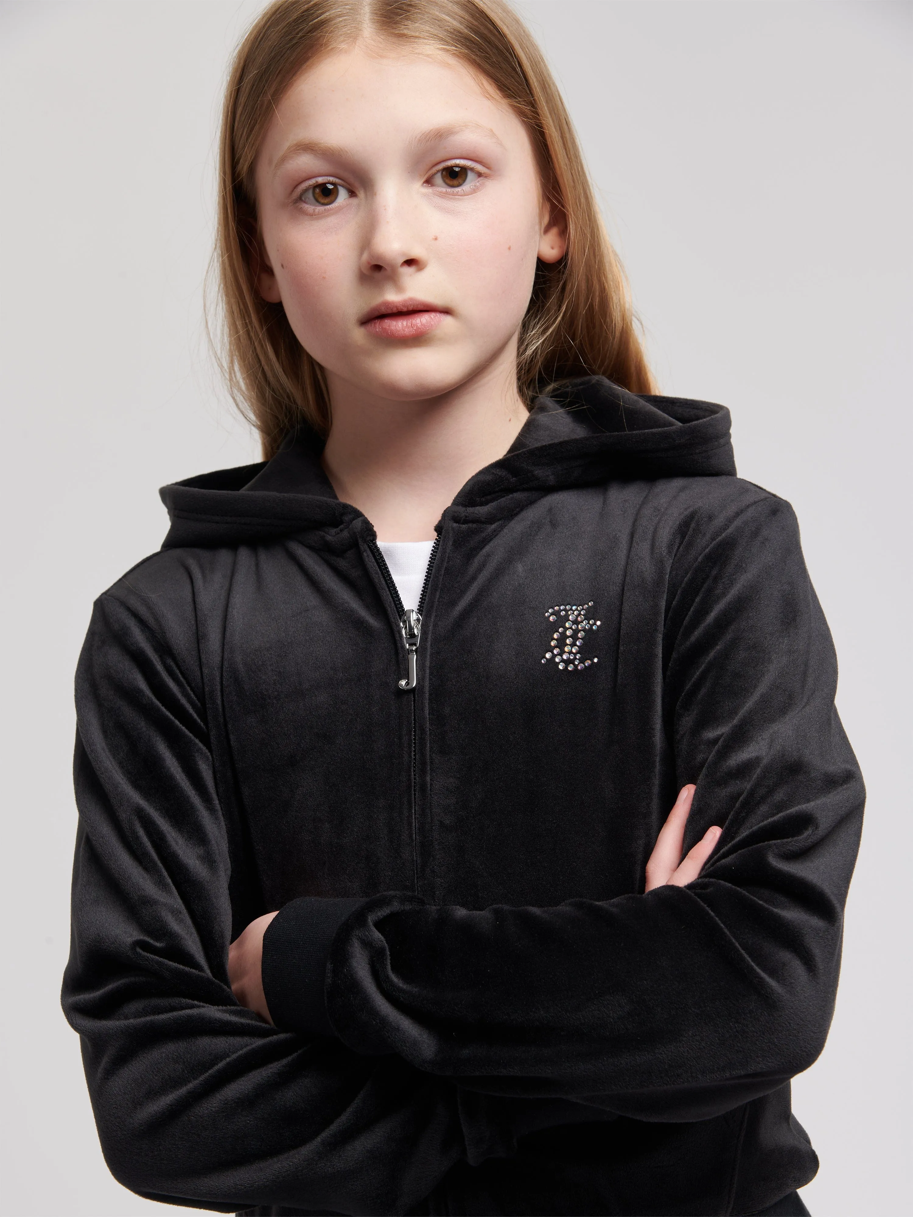 Juicy Couture Girls Diamante Logo Zip Up Top in Black
