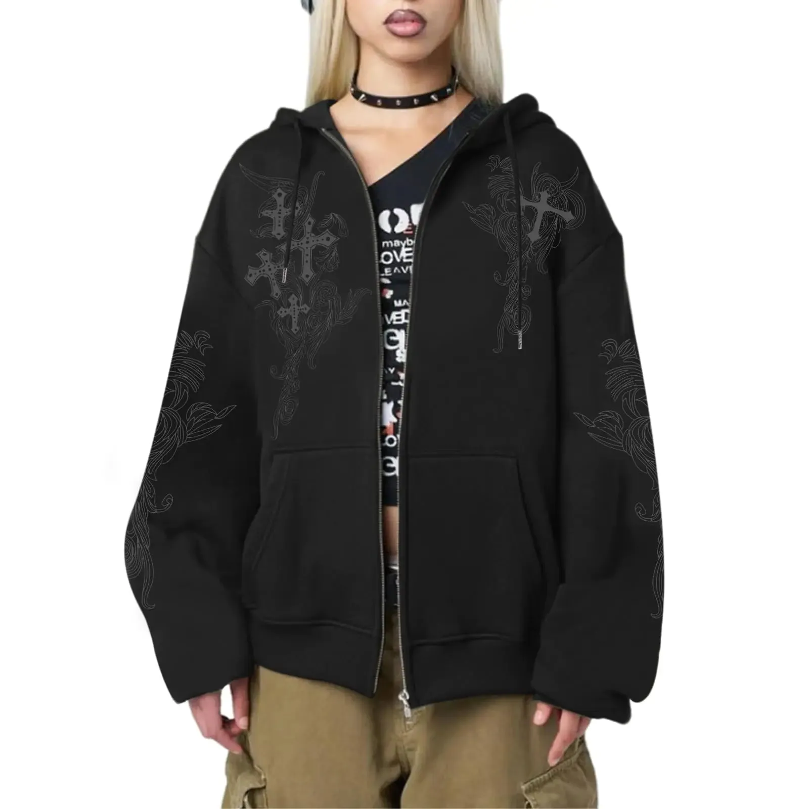 Kelxjia Goth Zip Up Hoodie Women Grunge Cross Graphic Jacket Y2k Aesthetic Zipper Hoodies Vintage Harajuku Sweatshirt Unisex(Black1XL)