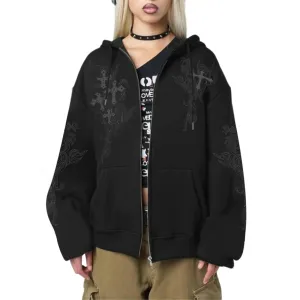 Kelxjia Goth Zip Up Hoodie Women Grunge Cross Graphic Jacket Y2k Aesthetic Zipper Hoodies Vintage Harajuku Sweatshirt Unisex(Black1XL)