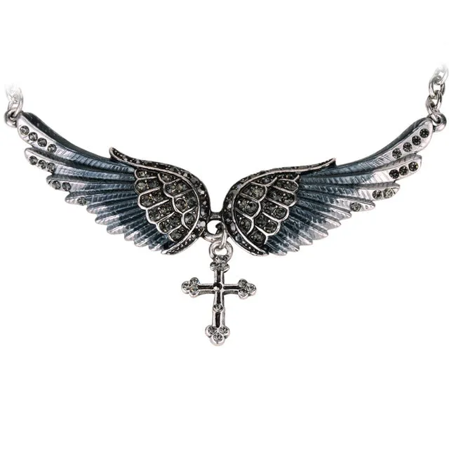 Ladies Angel Wing and Cross Biker Necklace
