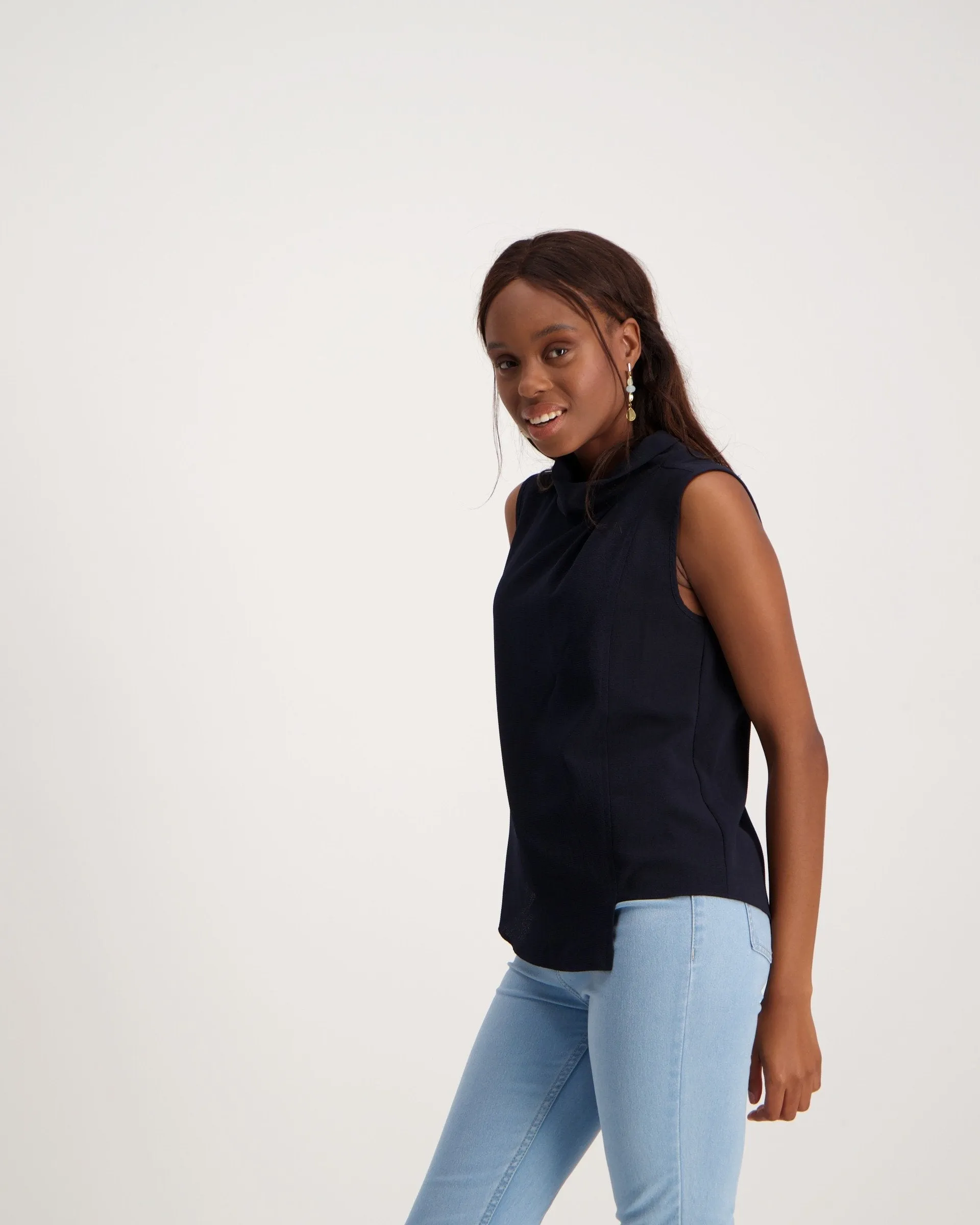 Ladies High-Collar Bubble Chiffon Cami - Navy