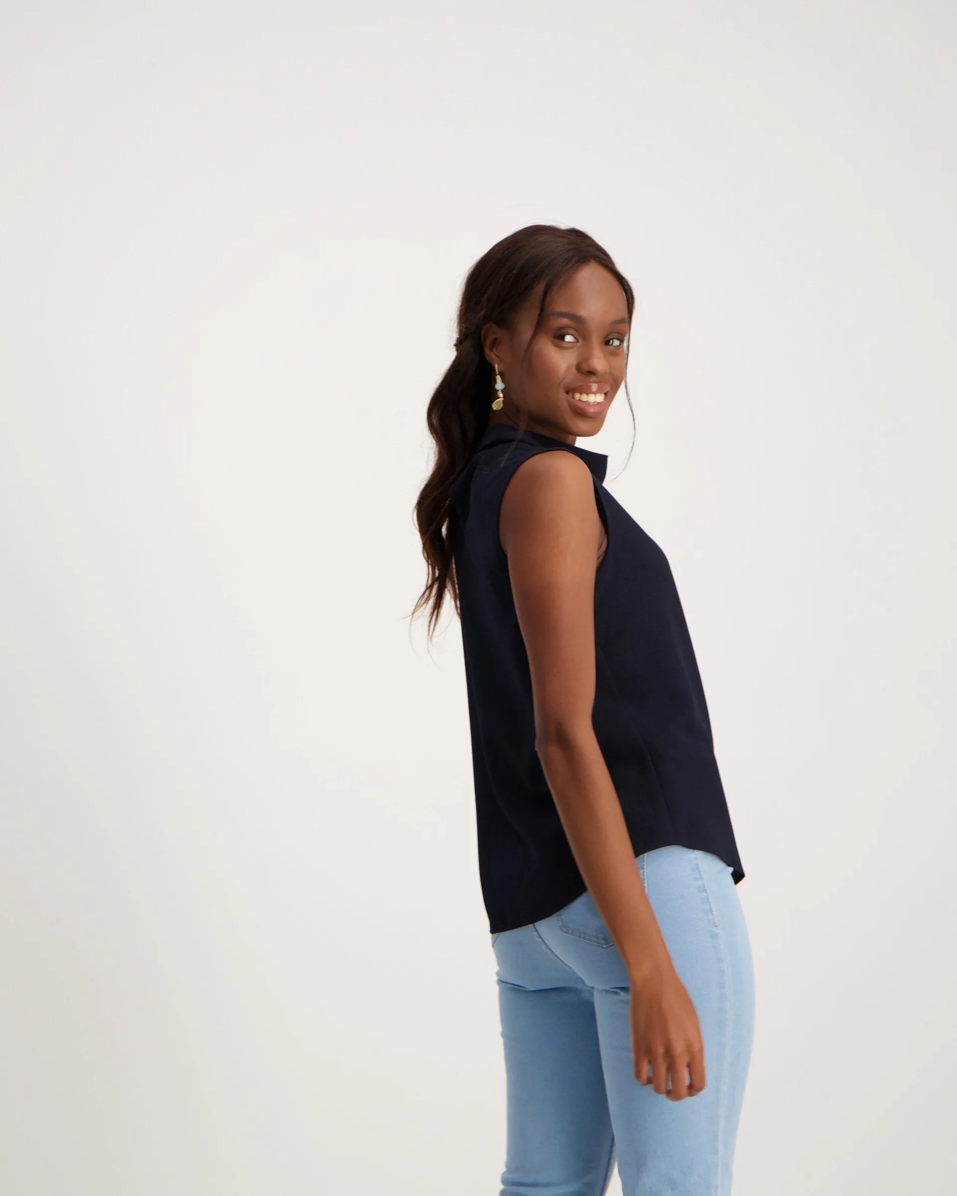 Ladies High-Collar Bubble Chiffon Cami - Navy