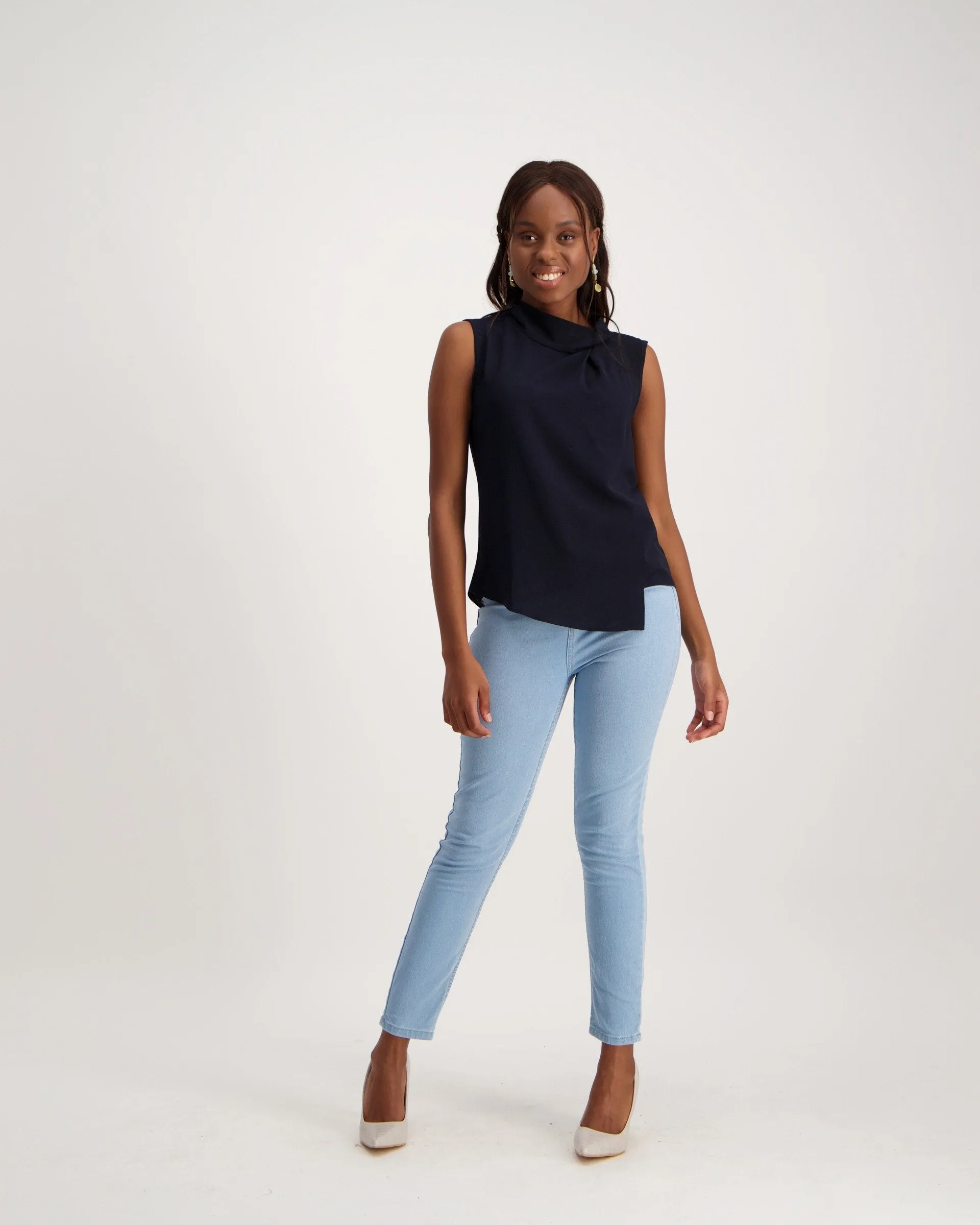 Ladies High-Collar Bubble Chiffon Cami - Navy