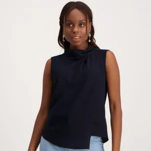 Ladies High-Collar Bubble Chiffon Cami - Navy