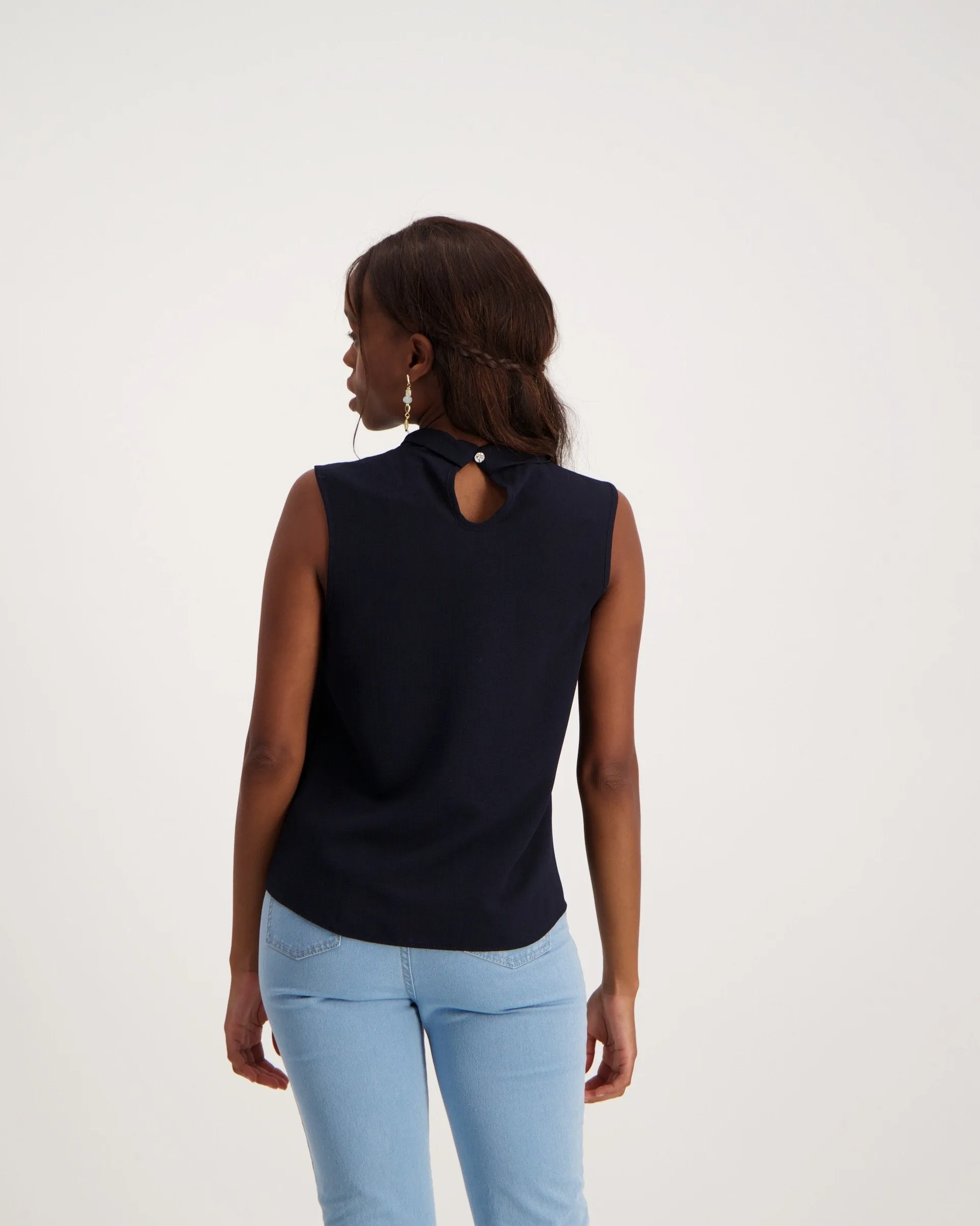 Ladies High-Collar Bubble Chiffon Cami - Navy