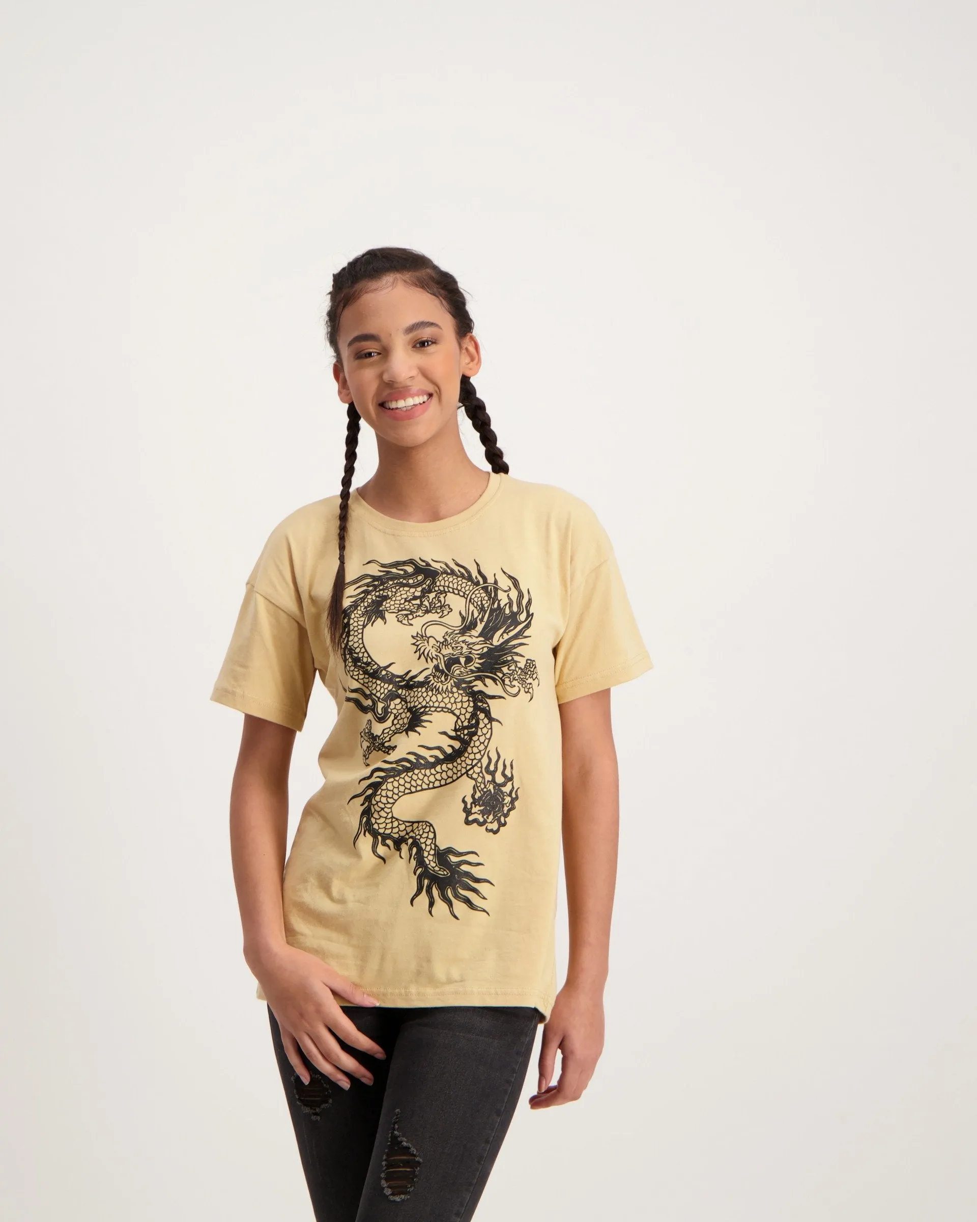 Ladies Oversized Dragon T-Shirt - Biege