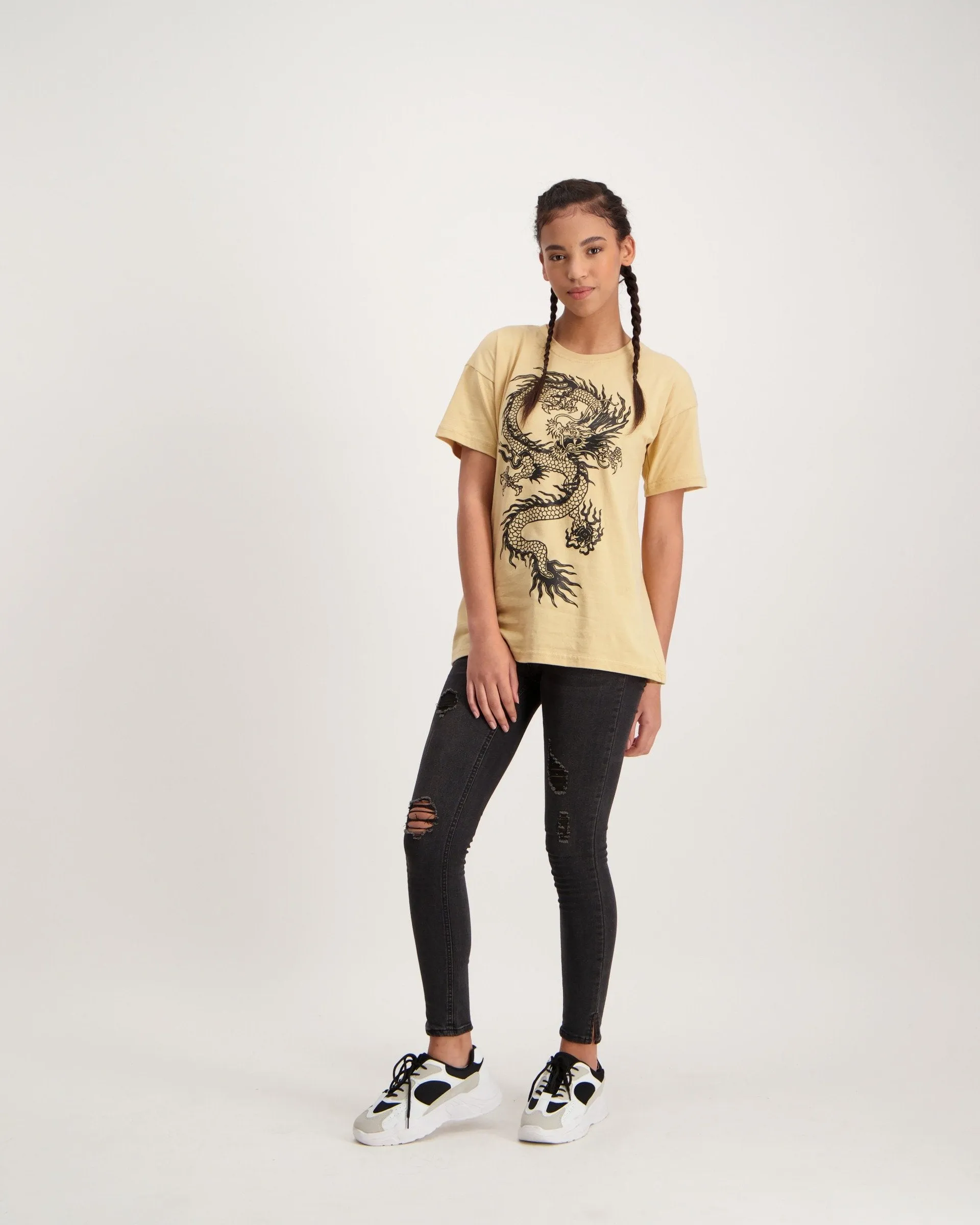 Ladies Oversized Dragon T-Shirt - Biege