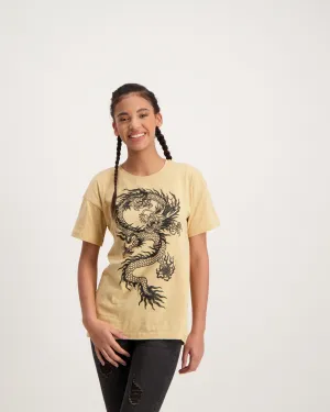 Ladies Oversized Dragon T-Shirt - Biege