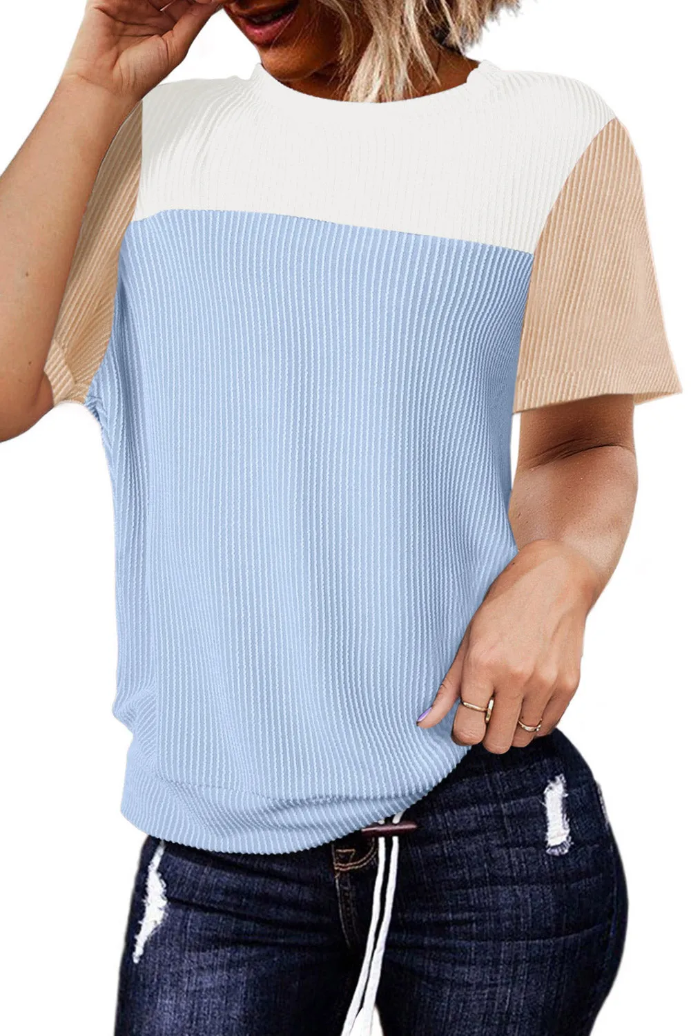 Light Blue Rib Textured Colorblock T Shirt