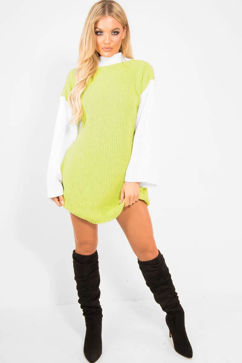 Lime And White Knitted High Neck Oversized Jumper - Cerina