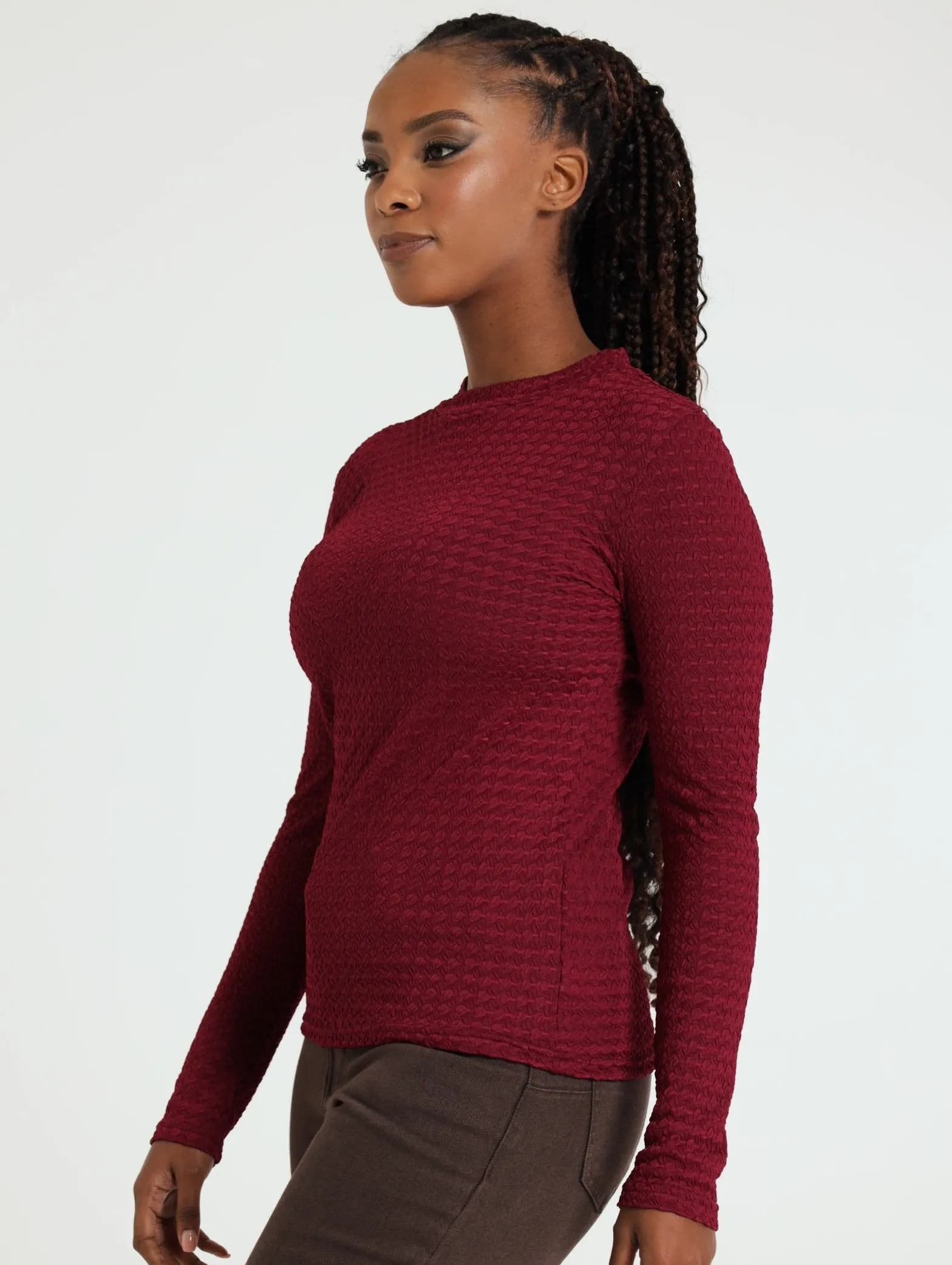 Long Sleeve Textured Top - Burgundy
