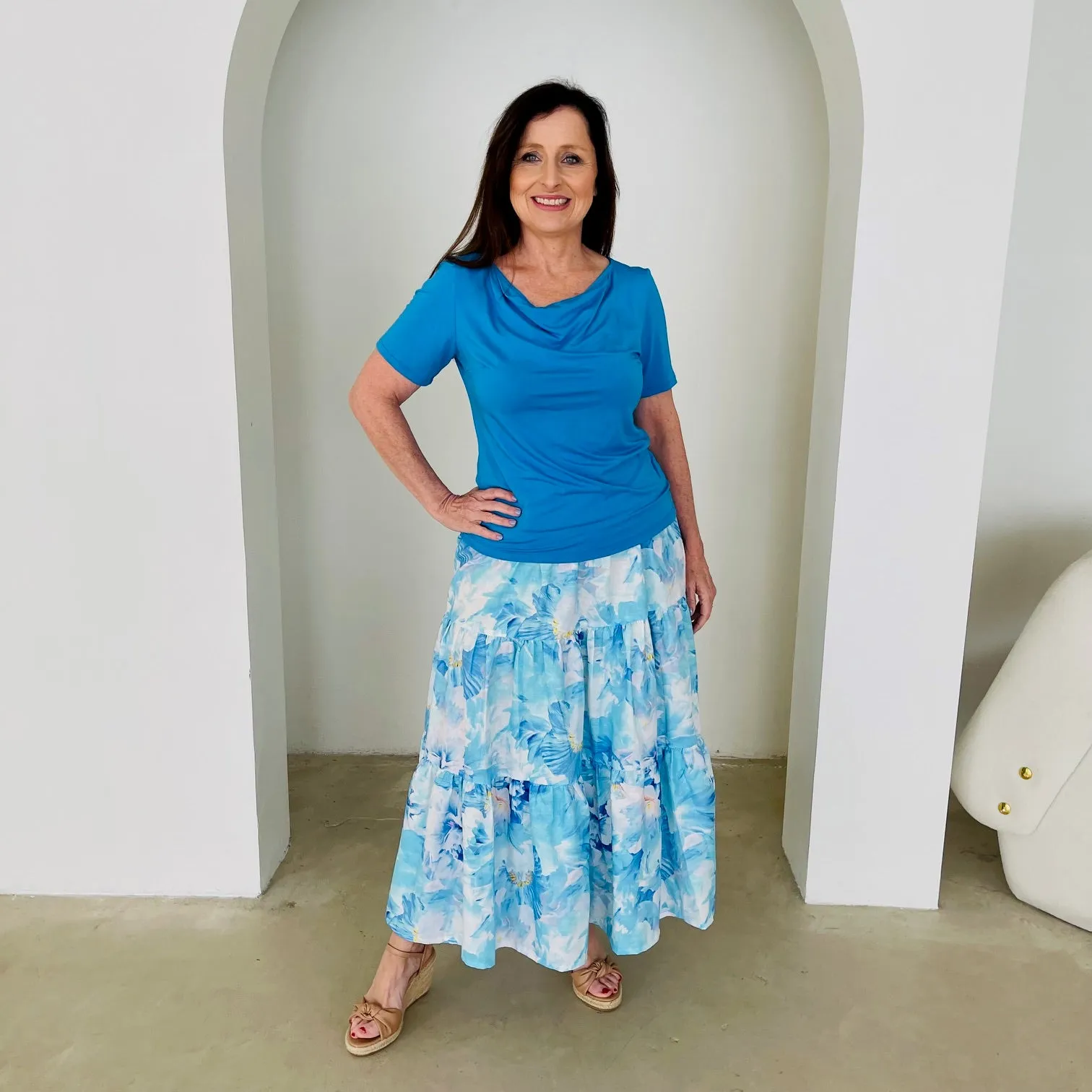 Mediterranean blue cowl neck short sleeve top