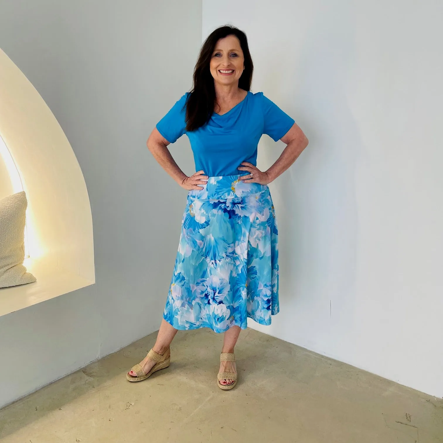 Mediterranean blue cowl neck short sleeve top