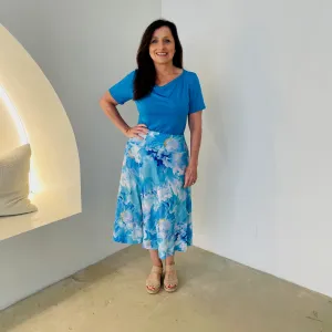 Mediterranean blue cowl neck short sleeve top