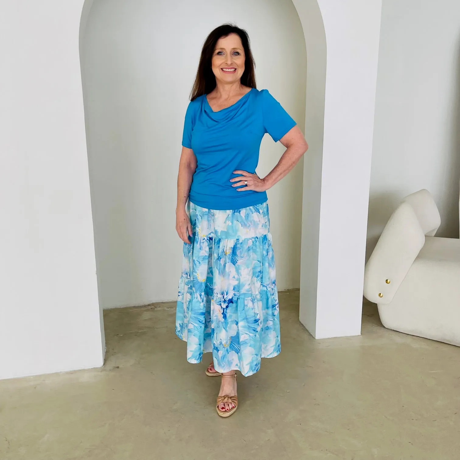Mediterranean blue cowl neck short sleeve top