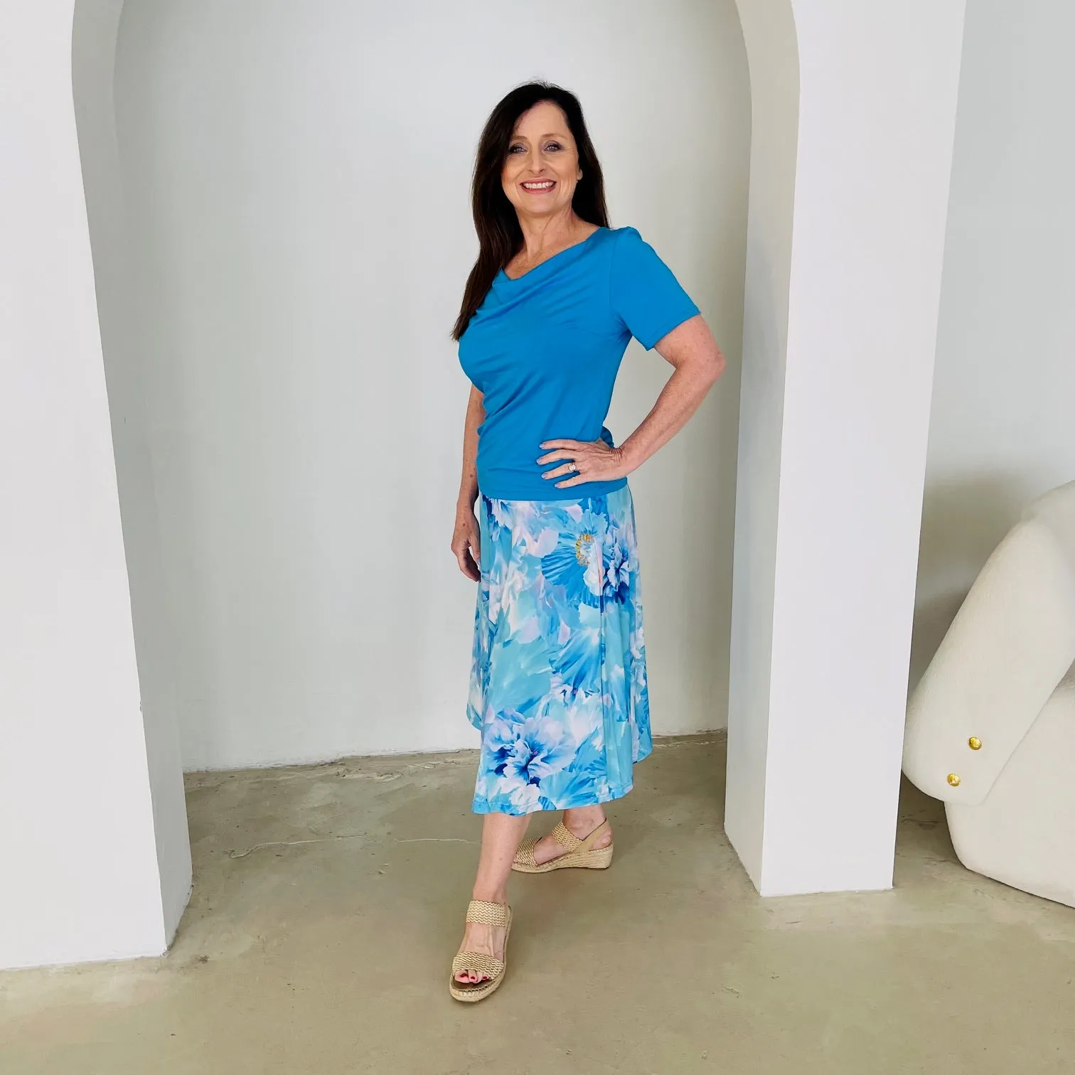 Mediterranean blue cowl neck short sleeve top