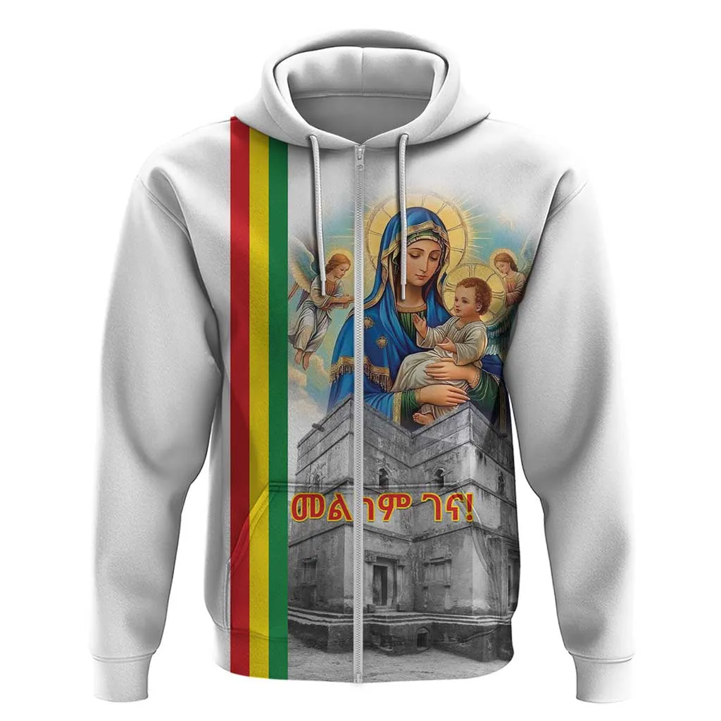 Melkam Gena Ethiopia Zip Hoodie Saint Mary Lalibela Churches LT15