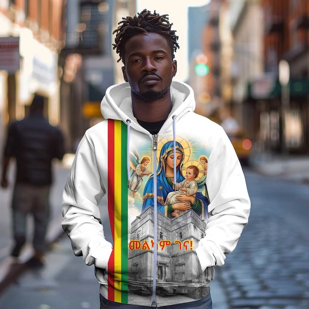 Melkam Gena Ethiopia Zip Hoodie Saint Mary Lalibela Churches LT15