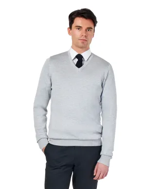 MEN’S COTTON V-NECK LIGHT GREY JUMPER FINE KNIT LIGHTWEIGHT