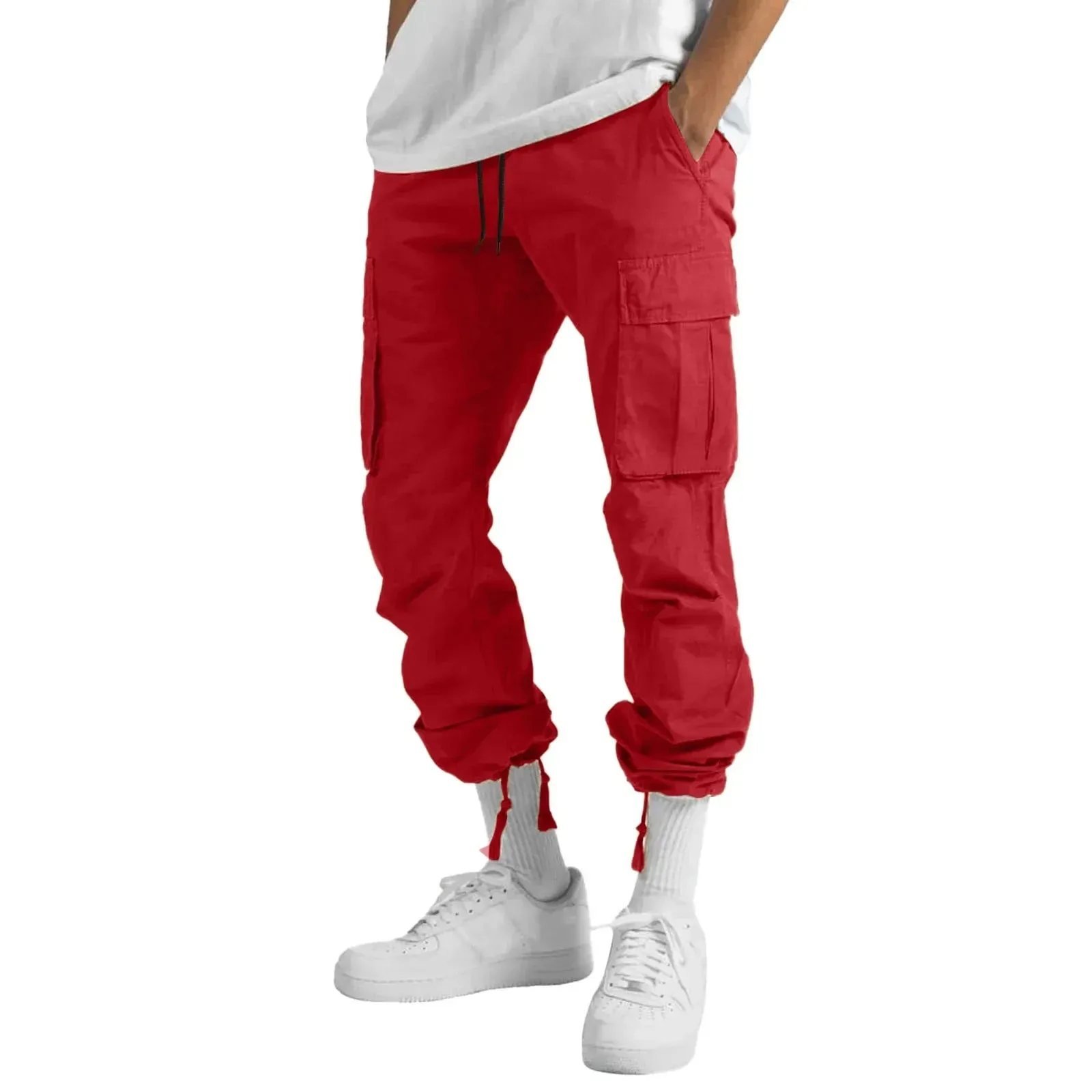 Men's Multi-pocket Cargo Pants – Solid Full-Length Trousers with Drawstring Pockets for Everyday Comfort